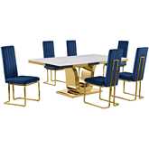 D320 7 Piece Dining Set in White Marble, Gold Stainless Steel & Navy Blue Velvet