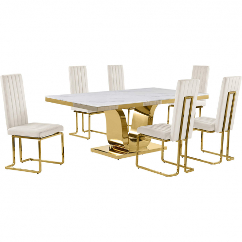 D320 7 Piece Dining Set in White Marble, Gold Stainless Steel & Cream Velvet