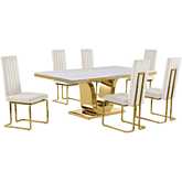 D320 7 Piece Dining Set in White Marble, Gold Stainless Steel & Cream Velvet