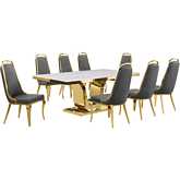 D320 9 Piece Dining Set in White Marble, Gold Stainless Steel & Dark Gray Velvet