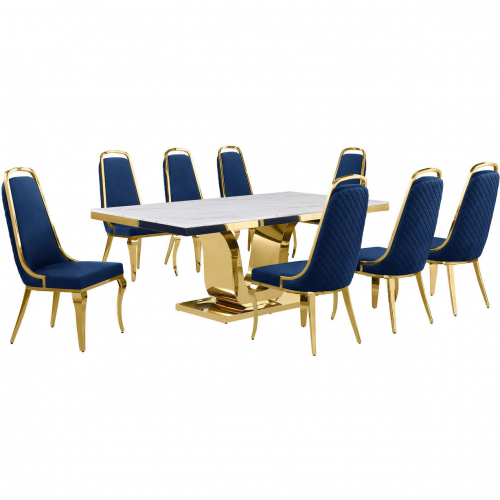 D320 9 Piece Dining Set in White Marble, Gold Stainless Steel & Navy Blue Velvet