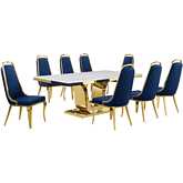 D320 9 Piece Dining Set in White Marble, Gold Stainless Steel & Navy Blue Velvet