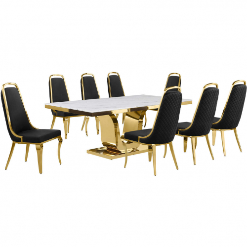 D320 9 Piece Dining Set in White Marble, Gold Stainless Steel & Black Velvet
