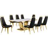 D320 9 Piece Dining Set in White Marble, Gold Stainless Steel & Black Velvet