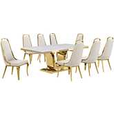 D320 9 Piece Dining Set in White Marble, Gold Stainless Steel & Cream Velvet