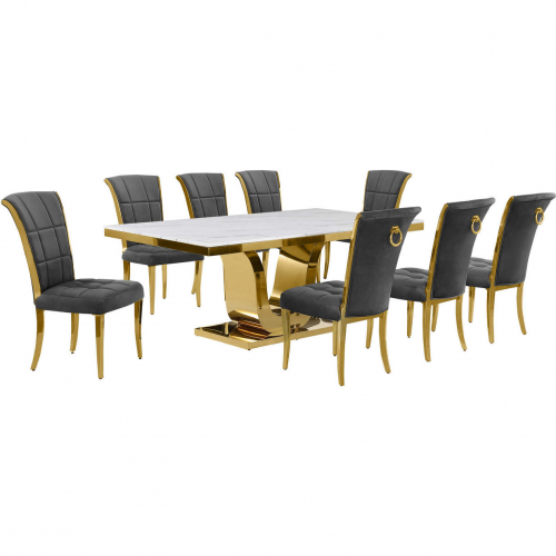 D320 9 Piece Dining Set in White Marble, Gold Stainless Steel & Dark Gray Velvet