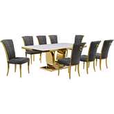 D320 9 Piece Dining Set in White Marble, Gold Stainless Steel & Dark Gray Velvet
