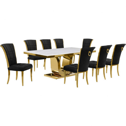 D320 9 Piece Dining Set in White Marble, Gold Stainless Steel & Black Velvet