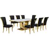 D320 9 Piece Dining Set in White Marble, Gold Stainless Steel & Black Velvet