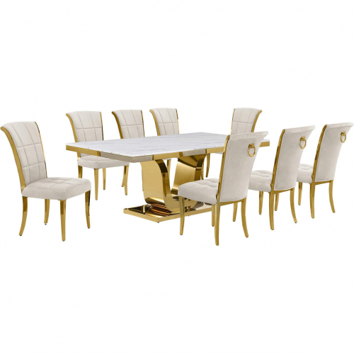 D320 9 Piece Dining Set in White Marble, Gold Stainless Steel & Cream Velvet