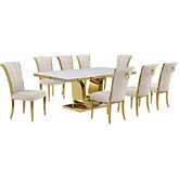 D320 9 Piece Dining Set in White Marble, Gold Stainless Steel & Cream Velvet
