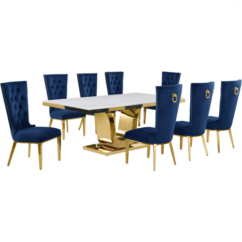 D320 9 Piece Dining Set in White Marble, Gold Stainless Steel & Navy Blue Velvet