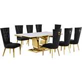 D320 9 Piece Dining Set in White Marble, Gold Stainless Steel & Black Velvet