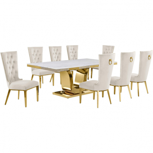 D320 9 Piece Dining Set in White Marble, Gold Stainless Steel & Cream Velvet