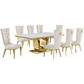 D320 9 Piece Dining Set in White Marble, Gold Stainless Steel & Cream Velvet
