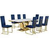 D320 9 Piece Dining Set in White Marble, Gold Stainless Steel & Navy Blue Velvet