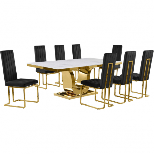 D320 9 Piece Dining Set in White Marble, Gold Stainless Steel & Black Velvet