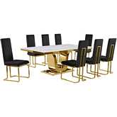 D320 9 Piece Dining Set in White Marble, Gold Stainless Steel & Black Velvet