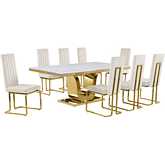 D320 9 Piece Dining Set in White Marble, Gold Stainless Steel & Cream Velvet