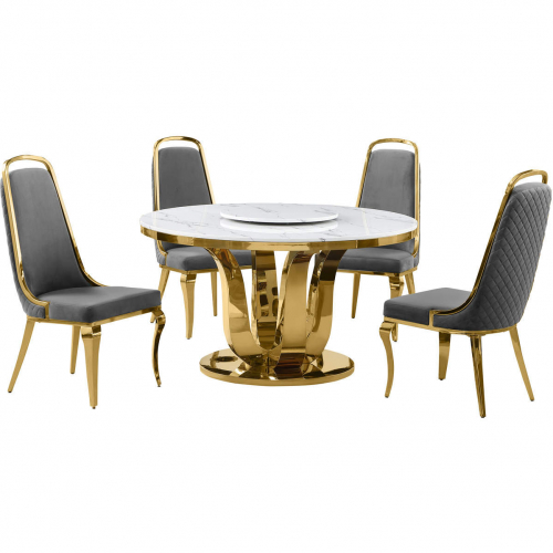 D325 5 Piece Dining Set with Lazy Susan in White Marble, Gold Stainless & Dark Gray Velvet