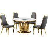 D325 5 Piece Dining Set with Lazy Susan in White Marble, Gold Stainless & Dark Gray Velvet