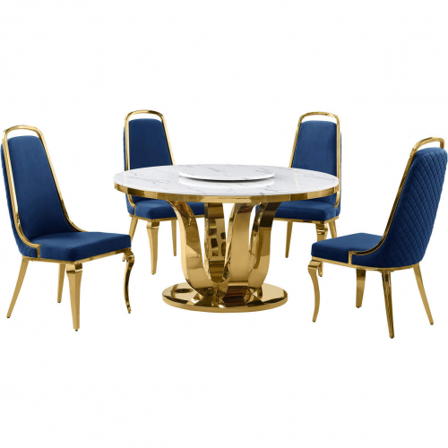 D325 5 Piece Dining Set with Lazy Susan in White Marble, Gold Stainless & Navy Blue Velvet