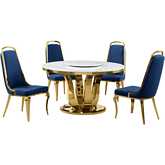 D325 5 Piece Dining Set with Lazy Susan in White Marble, Gold Stainless & Navy Blue Velvet