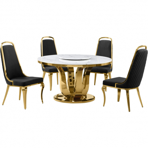 D325 5 Piece Dining Set with Lazy Susan in White Marble, Gold Stainless & Black Velvet