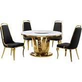 D325 5 Piece Dining Set with Lazy Susan in White Marble, Gold Stainless & Black Velvet