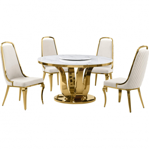 D325 5 Piece Dining Set with Lazy Susan in White Marble, Gold Stainless & Cream Velvet