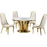 D325 5 Piece Dining Set with Lazy Susan in White Marble, Gold Stainless & Cream Velvet