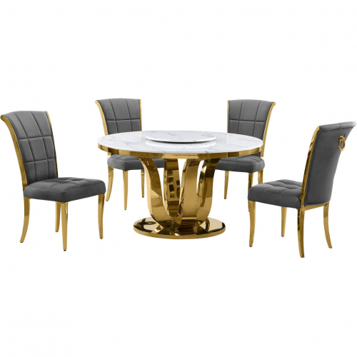 D325 5 Piece Dining Set with Lazy Susan in White Marble, Gold Stainless & Dark Gray Velvet