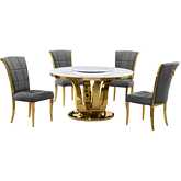 D325 5 Piece Dining Set with Lazy Susan in White Marble, Gold Stainless & Dark Gray Velvet