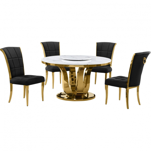 D325 5 Piece Dining Set with Lazy Susan in White Marble, Gold Stainless & Black Velvet