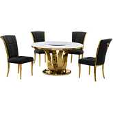 D325 5 Piece Dining Set with Lazy Susan in White Marble, Gold Stainless & Black Velvet