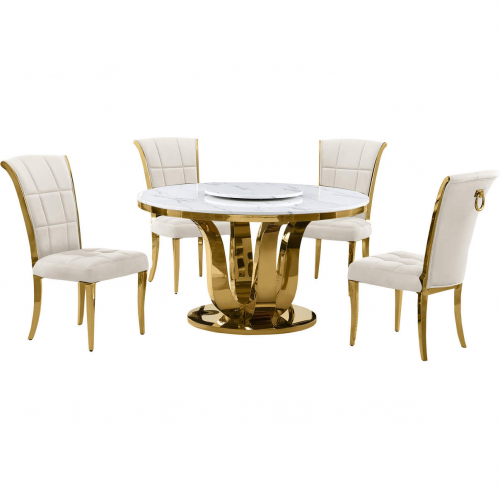 D325 5 Piece Dining Set with Lazy Susan in White Marble, Gold Stainless & Cream Velvet