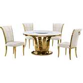 D325 5 Piece Dining Set with Lazy Susan in White Marble, Gold Stainless & Cream Velvet