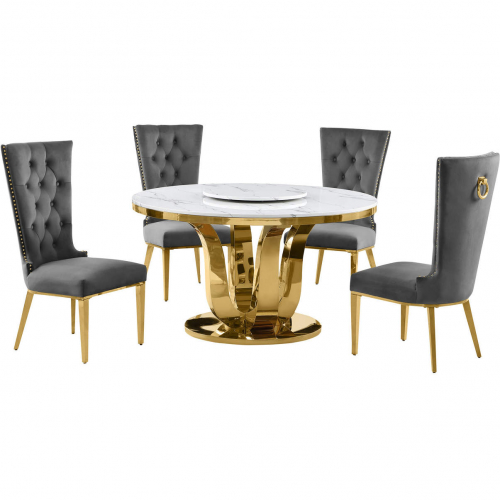 D325 5 Piece Dining Set with Lazy Susan in White Marble, Gold Stainless & Dark Gray Velvet