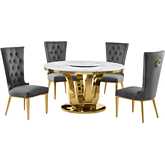 D325 5 Piece Dining Set with Lazy Susan in White Marble, Gold Stainless & Dark Gray Velvet