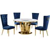 D325 5 Piece Dining Set with Lazy Susan in White Marble, Gold Stainless & Navy Blue Velvet