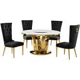 D325 5 Piece Dining Set with Lazy Susan in White Marble, Gold Stainless & Black Velvet