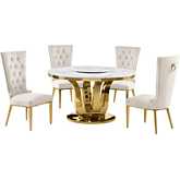 D325 5 Piece Dining Set with Lazy Susan in White Marble, Gold Stainless & Cream Velvet
