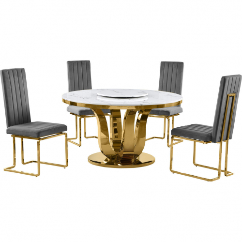 D325 5 Piece Dining Set with Lazy Susan in White Marble, Gold Stainless & Dark Gray Velvet