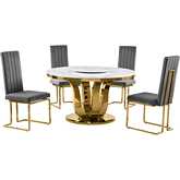 D325 5 Piece Dining Set with Lazy Susan in White Marble, Gold Stainless & Dark Gray Velvet