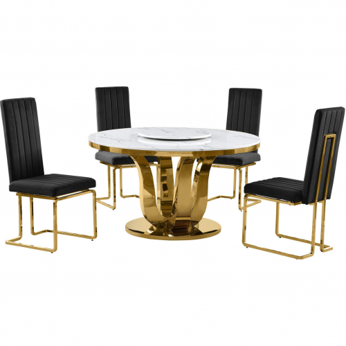 D325 5 Piece Dining Set with Lazy Susan in White Marble, Gold Stainless & Black Velvet