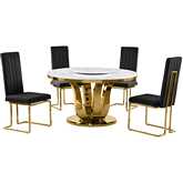 D325 5 Piece Dining Set with Lazy Susan in White Marble, Gold Stainless & Black Velvet