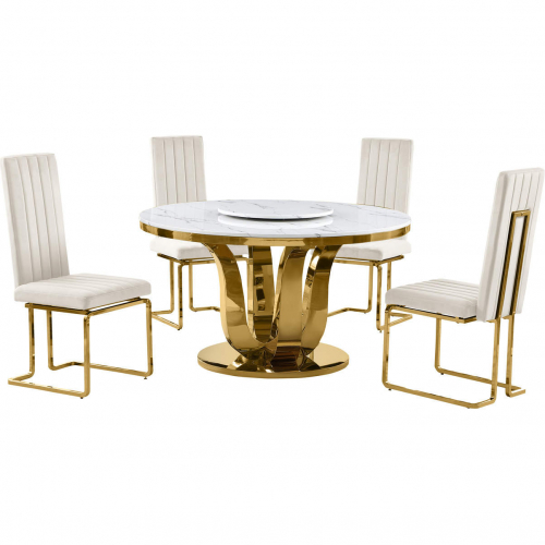 D325 5 Piece Dining Set with Lazy Susan in White Marble, Gold Stainless & Cream Velvet