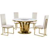 D325 5 Piece Dining Set with Lazy Susan in White Marble, Gold Stainless & Cream Velvet