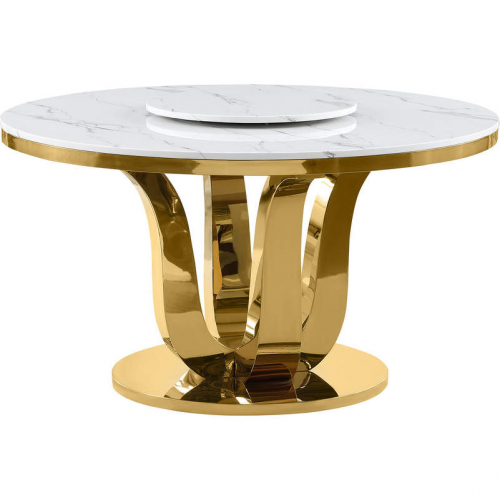D325 54" Dining Table with Lazy Susan in White Marble & Polished Gold Stainless Steel
