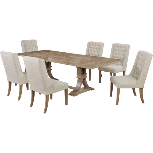 D37 7 Piece Dining Set in Tufted Beige Linen & Rustic Natural Wood
